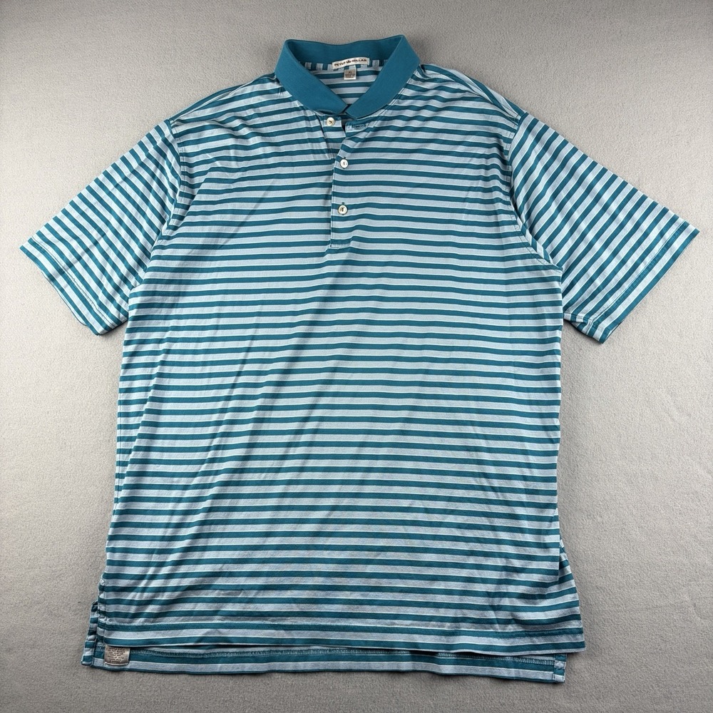 Peter Millar Domtar Embroidered Striped Polo Teal Blue Men's XL Made Korea